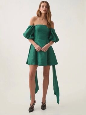 NWT Aje Incarnation Emerald Off-Shoulder Puff-Sleeve Mini Dress